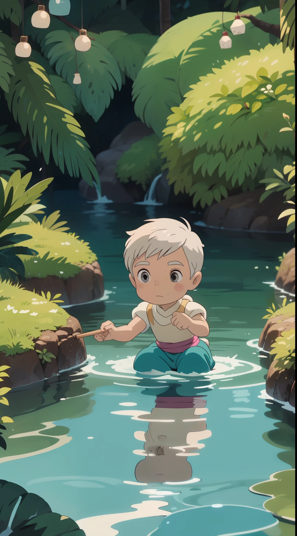 Cute Boy, ((young)), shota, wearing prince clothes, royalty, royal clothes, kid, ((shota)), short hair, ((boy)), (white hair), grey eyes, paddling in a little stream of water, (crouching), looking at his reflection into the water, horizontal, wet, water splashed on him, arms raised, armpit visible, shy, eating an ice cream