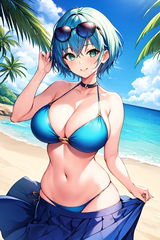 1girl, large breasts, wide hips, breasts, blue hair, very short hair, pixie cut, eyewear on head, blue bikini, bikini, highleg, smile, green eyes, skirt, thigh strap, beach, mature female