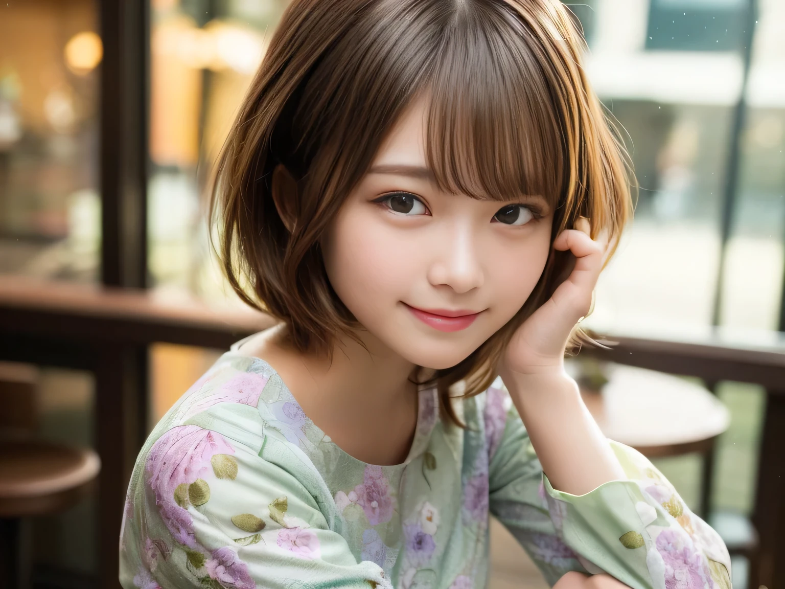 Ultra HD,((8K)),(1 Female:1.2 Beautiful and natural、High quality texture, Intricate details, Fine texture, High Detail, Highly detailed CG, High Quality Shadows, Realistic facial expressions, Beautiful and delicate face down to the last detail, Beautiful and delicate eyes, Brown pupil, A perfectly balanced face, Depth of written boundary, Cinematic Light, Lens flare, Ray Tracing,perspective, (Big eyes:1.2),Blushing cheeks, Perfect body,(Dutch Angle,Excellent anatomy,, elegant, ((Bright colors,)) 、Waist、Small Mouth、((Light green clothes))、((bar))、((furubody))、((15 years old))、(very short hair/extra short),(night)、night scene、(Ultra short hair)、((Berry Short))、(Straight bangs)、(Large Breastini dress short sleeve))、(smile)、((Shiny clothes))、((Floral clothes))、、((one person))、((Single))、