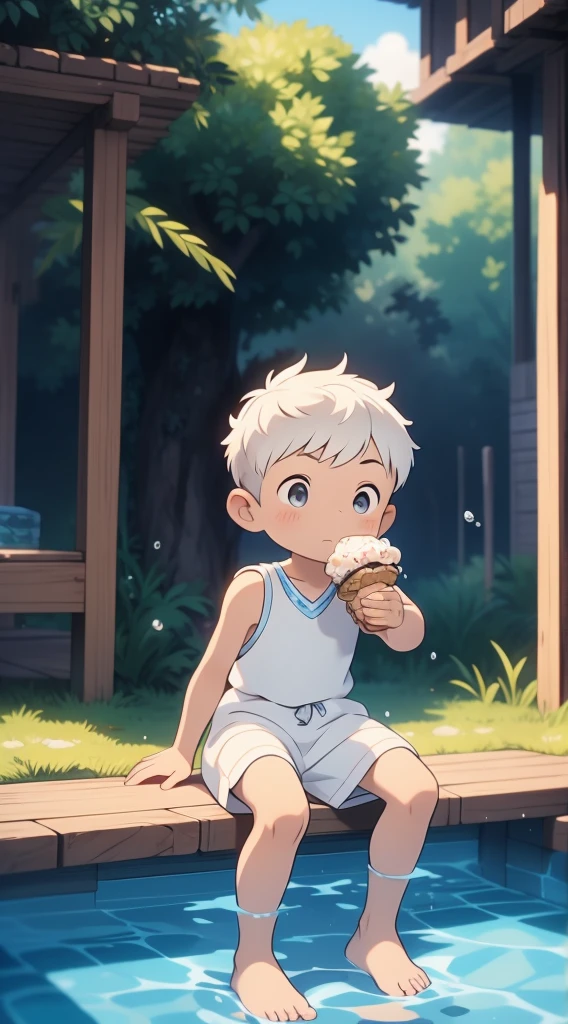 Cute Boy, ((young)), shota, wearing prince clothes, royalty, royal clothes, kid, ((shota)), short hair, ((boy)), (white hair), grey eyes, paddling in a little stream of water, (crouching), looking at his reflection into the water, horizontal, wet, water splashed on him, arms raised, armpit visible, shy, eating an ice cream