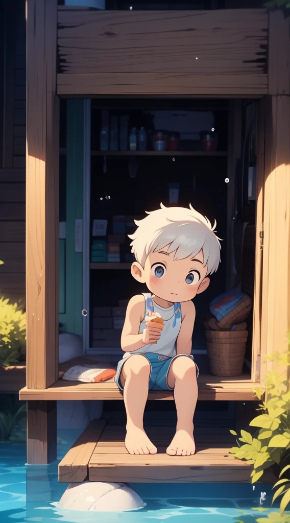 Cute Boy, ((young)), shota, wearing prince clothes, royalty, royal clothes, kid, ((shota)), short hair, ((boy)), (white hair), grey eyes, paddling in a little stream of water, (crouching), looking at his reflection into the water, horizontal, wet, water splashed on him, arms raised, armpit visible, shy, eating an ice cream