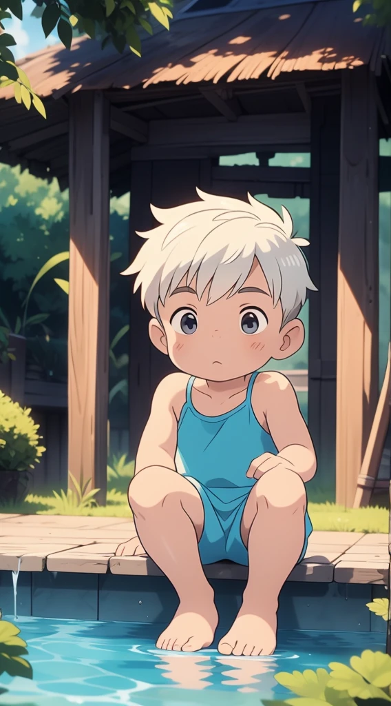 Cute Boy, ((young)), shota, wearing prince clothes, royalty, royal clothes, kid, ((shota)), short hair, ((boy)), (white hair), grey eyes, paddling in a little stream of water, (crouching), looking at his reflection into the water, horizontal, wet, water splashed on him, arms raised, armpit visible, shy, eating an ice cream