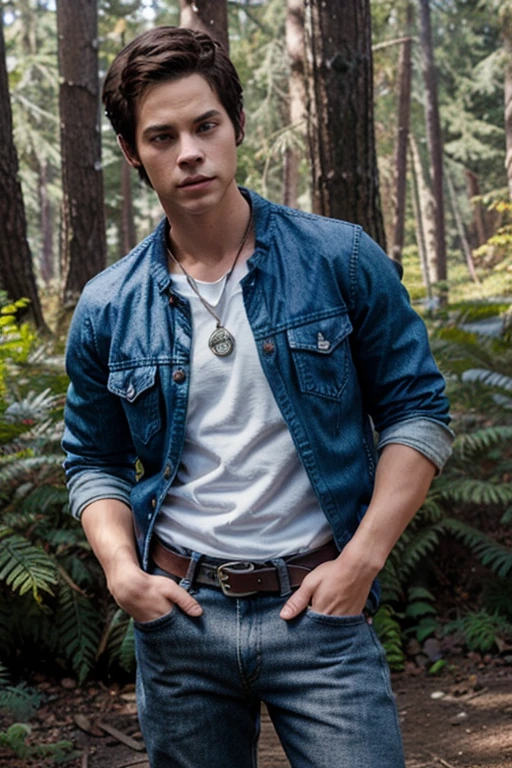 Dylan O'Brien, Stiles Stilinski, Wolf, 18 years old, short messy dark brown hair, honey eyes, red sports vest white shirt with fox prints blue denim jeans with silver belt, open red jacket, white shirt, fox pendant, black slippers with white fox print. forest background fox aura around black color