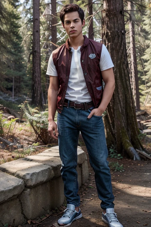 Dylan O'Brien, Stiles Stilinski, Teen Wolf, 18 years old, short messy dark brown hair, honey eyes, red sports vest white shirt with fox prints blue denim jeans with silver belt, open red jacket, white shirt, fox pendant, black slippers with white fox print. forest background fox aura around black color