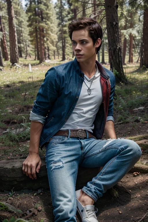 Dylan O'Brien, Stiles Stilinski, Teen Wolf, 18 years old, short messy dark brown hair, honey eyes, red sports vest white shirt with fox prints blue denim jeans with silver belt, open red jacket, white shirt, fox pendant, black slippers with white fox print. forest background fox aura around black color