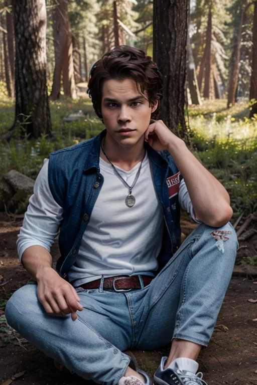 Dylan O'Brien, Stiles Stilinski, Wolf, 18 years old, short messy dark brown hair, honey eyes, red sports vest white shirt with fox prints blue denim jeans with silver belt, open red jacket, white shirt, fox pendant, black slippers with white fox print. forest background fox aura around black color