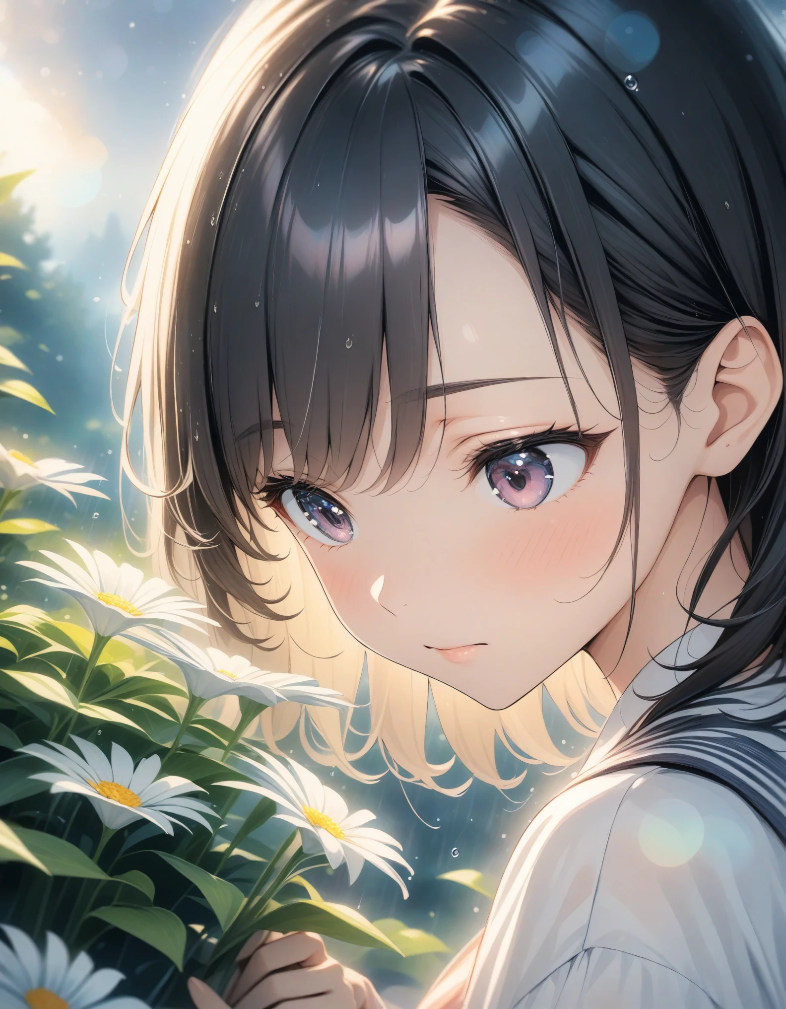 ((style:Colored pencil,pale colour)),(anime)、(masterpiece:1.2),atmospheric perspective,lens flare, f/2.8, 135mm、rain、Foggy forest、Mysterious Light、girl、The surroundings seem hazy、Close-up、Smelling a single white flower