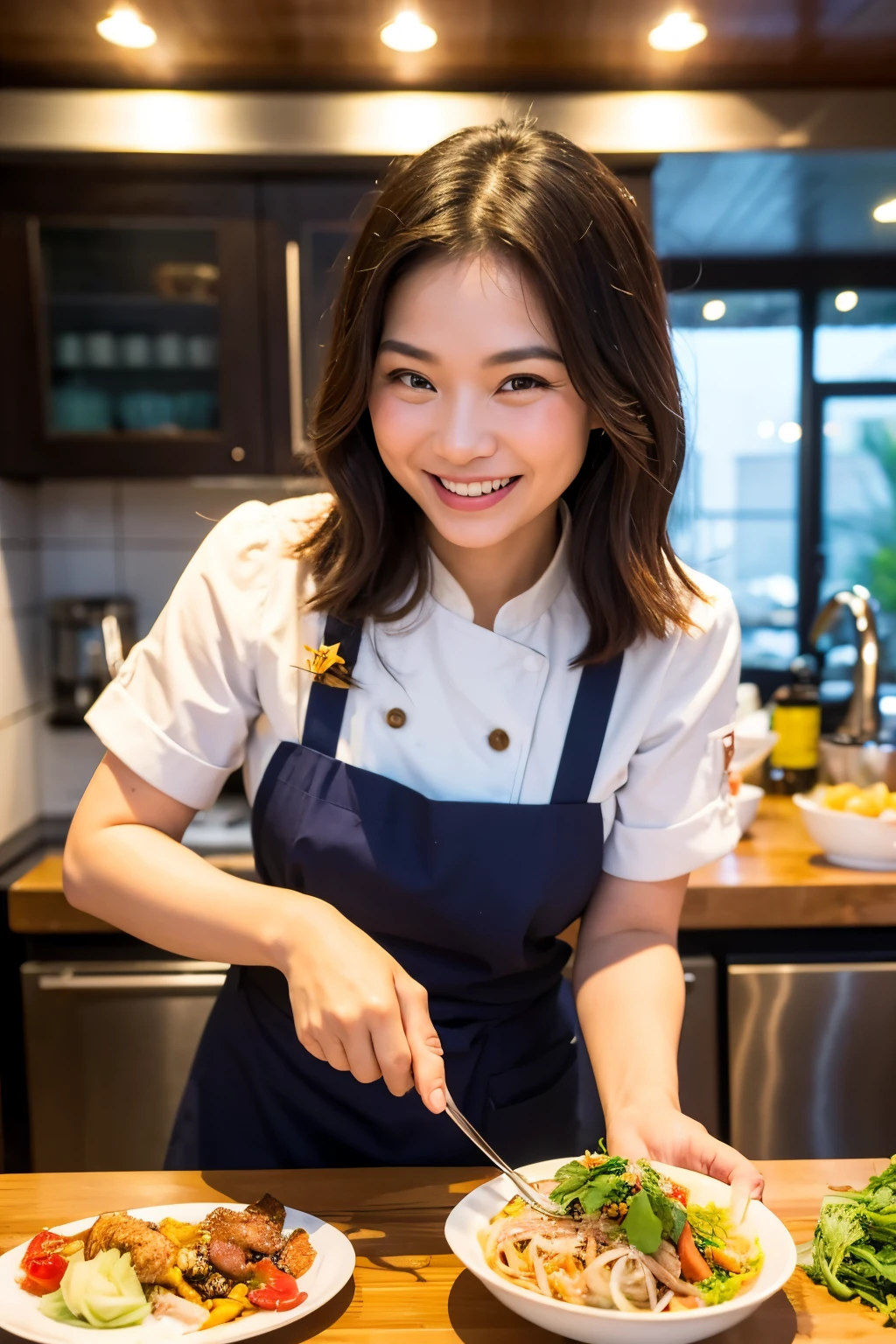 Bokeh: 1.3, Photography, raw: 1.2, Ultra Real 1.4, Representative writings: 1.3, max resolution: 1.3, Ultra HD: 1.2, Beautiful Girl: 1.2, Smile, Beautiful teeth, Bangs, Ponytail, ( White Apron: 1.1), Eating sausages in the kitchen