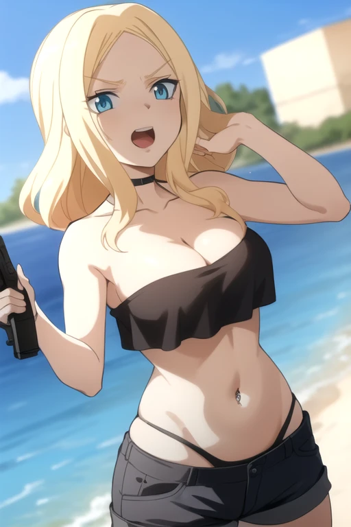 1girl, IrinaJelaviÄR4, blonde hair, blue eyes, masterpiece,high quality,4k, bare shoulder,belly, blue strapless crop top, dark brown shorts, outdoor,cleavage,,street,road,smile, open mouth, holding a gun,handgun, evil expression, exposed belly, exposed navel, exposed midriff, exposed lower belly, navel piercing