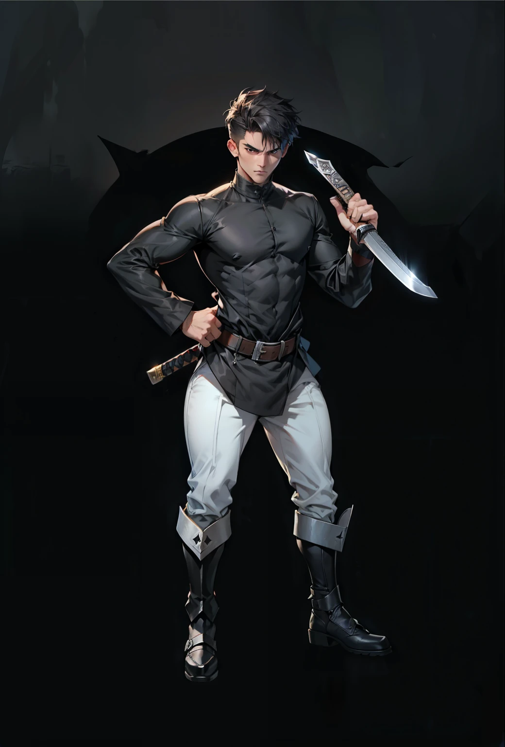 boys 26 Years old, Serious face, black lather coat, holding giant sword