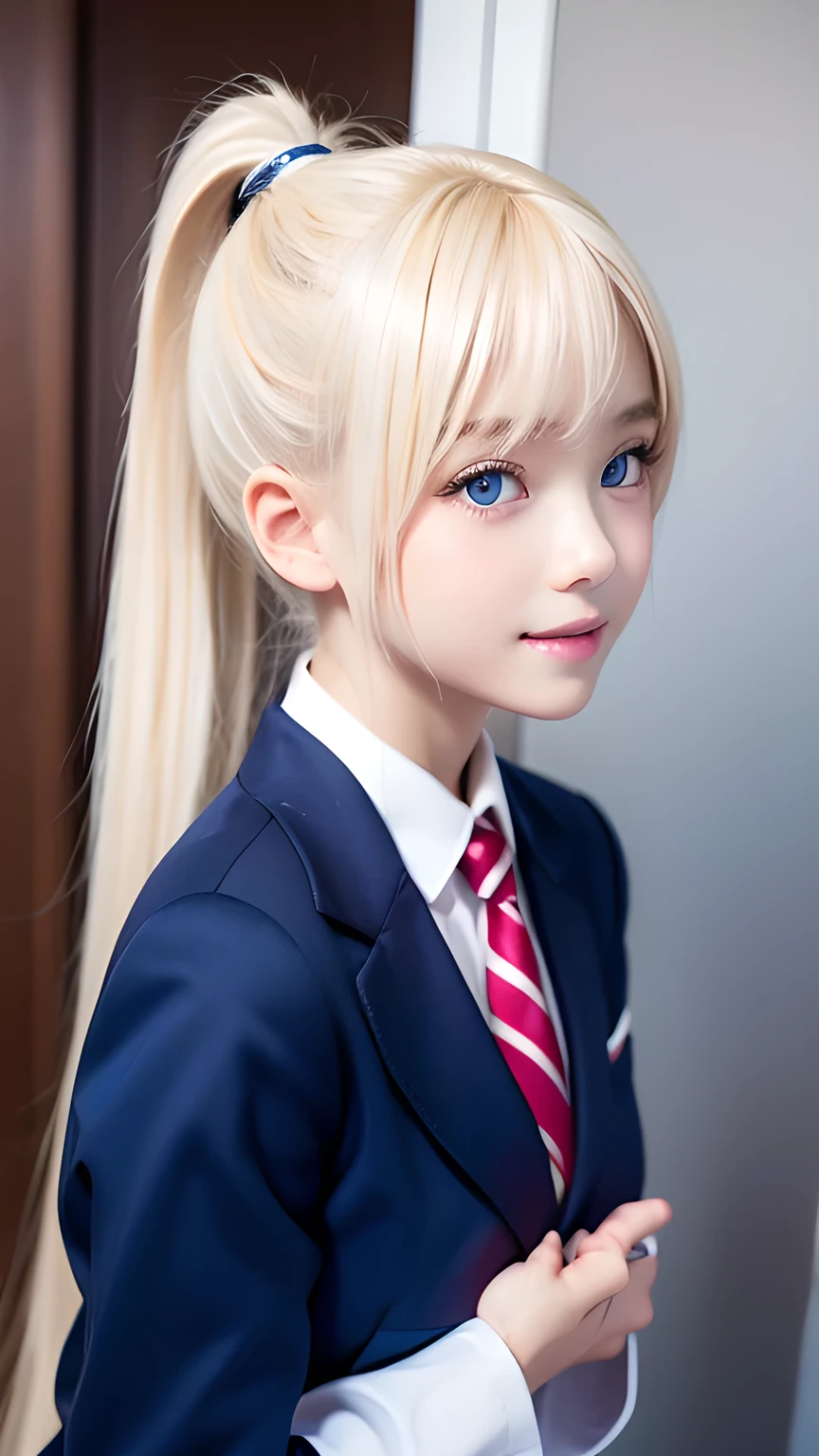 Portrait、(School uniform)、Bright expression、ponytail、Younger, brighter, whiter skin、Best Looks、Blonde reflection、Platinum blonde hair with dazzling highlights、Shiny bright hair,、Super long, silky straight hair、Shiny beautiful bangs、Sparkling, clear, attractive big blue eyes、A very beautiful, lovely and cute old girl、Big and ample breasts、With slits、((The whole body is visible))