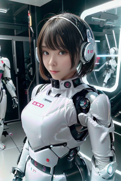 A girl in a futuristic bright white heavily armored robot suit takes a photo、perfect android girl, Female cyborg body, Perfect anime cyborg woman, Beautiful female android!, Female Robot, completely robot!! girl, Cute cyborg girl, Cyber Suit, Girl wearing mecha cybernetic armor, Cyber Suit, beutiful white girl cyborg, Beautiful female android, Beautiful girl cyborg、Cute cyborg girl with short bob hair、Beautiful android sculpture model、(Laughter)、((Rounded, white, sturdy armor))、(((Equipped with long sensor antennas on both ears)))、(((Robot Girl)))、(((Android girls)))、
