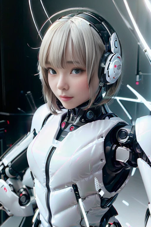 A girl in a futuristic bright white heavily armored robot suit takes a photo、perfect android girl, Female cyborg body, Perfect anime cyborg woman, Beautiful female android!, Female Robot, completely robot!! girl, Cute cyborg girl, Cyber Suit, Girl wearing mecha cybernetic armor, Cyber Suit, beutiful white girl cyborg, Beautiful female android, Beautiful girl cyborg、Cute cyborg girl with short bob hair、Beautiful android sculpture model、(Laughter)、((Rounded, white, sturdy armor))、(((Equipped with long sensor antennas on both ears)))、(((Robot Girl)))、(((Android girls)))、
