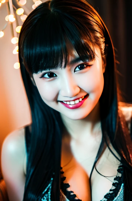 realistic photos of Korean woman, elf ears, vampire teeth, crossed bangs, smile slightly, cleavage, in the bedroom, half light, colored LEDs, pov, Photo at eye level, blurry, UHD, Artwork, high resolution, 16k