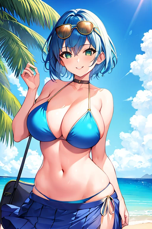 1girl, large breasts, wide hips, breasts, blue hair, very short hair, pixie cut, eyewear on head, blue bikini, bikini, highleg, smile, green eyes, skirt, thigh strap, beach, mature female