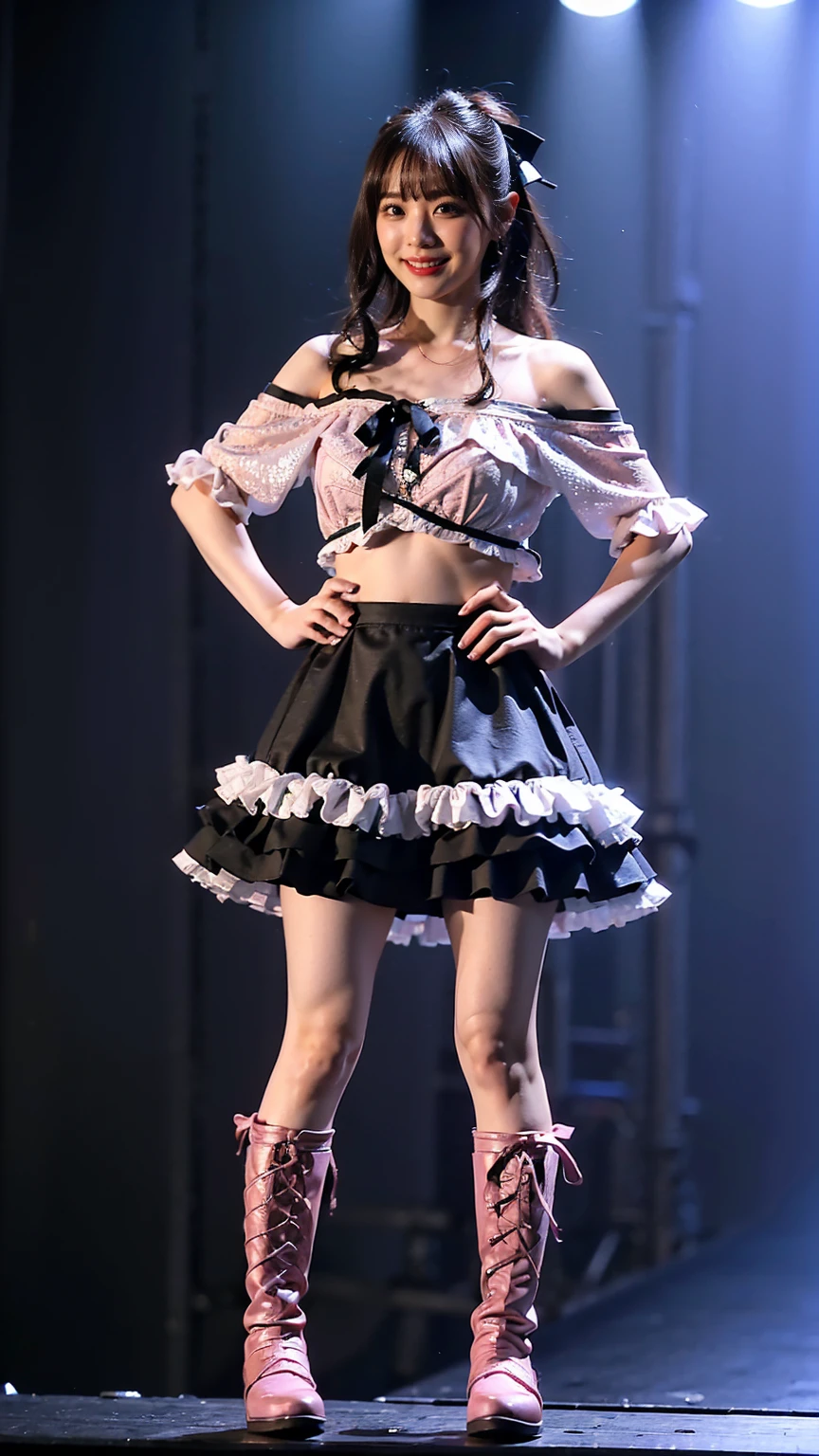 (8k、RAW Photos、highest quality、masterpiece:1.2)、(Realistic、Realistic)、1 girl、((pink and black mini skirt、Belly button、smile、Anime Cosplay、dress、Off the shoulder、Frills、Ribbon on chest、Large Breasts、See-through、stage、Spotlight、View from the front、boots、Standing with hands on hips))、