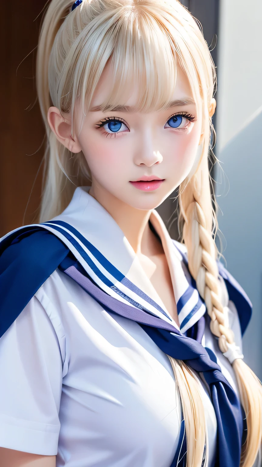 Portrait、(School uniform)、Sailor suit、Bright expression、ponytail、Younger, brighter, whiter skin、Best Looks、Blonde reflection、Natural platinum blonde hair with dazzling highlights、Shiny bright hair,、Super long, silky straight hair、Shiny beautiful bangs、Sparkling, clear, attractive big blue eyes、A very beautiful, lovely and cute girl、Big and ample breasts、With slits、((The whole body is visible))、Cheek gloss highlighter