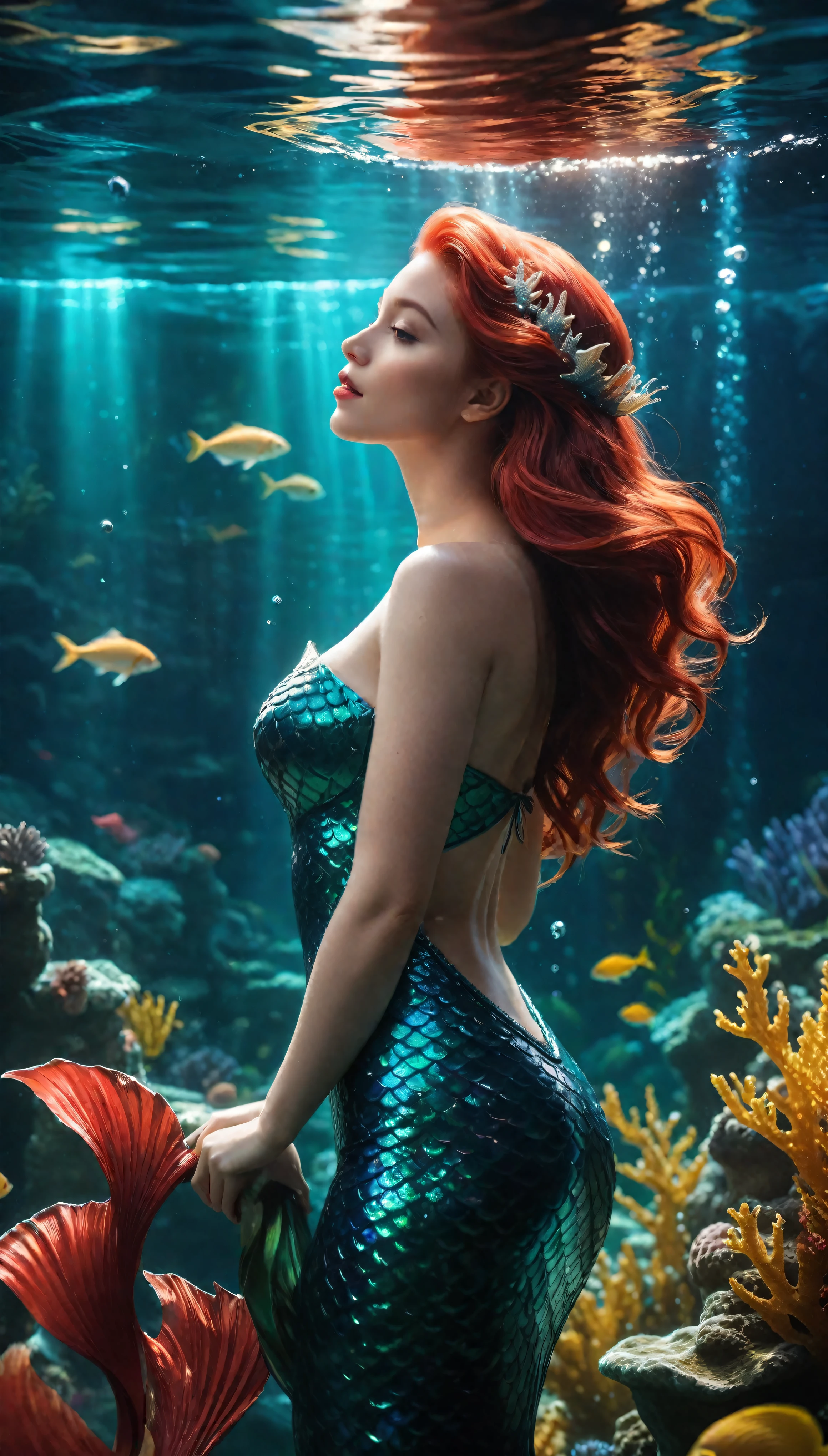 ((Masterpiece in maximum 16K resolution):1.6),((soft_color_photograpy:)1.5), ((Ultra-Detailed):1.4),((Movie-like still images and dynamic angles):1.3). | (Wide shot cinematic photo of Red Hair Mermaid Princess Singing Underwater), (Red Hair Mermaid), (Singing), (Wide cinematic lens), (underwater castle), (underwater light), (tyndall effect), (Mythical atmosphere), (shimmer), (light reflections), (visual experience),(Realism), (Realistic),award-winning graphics, dark shot, film grain, extremely detailed, Digital Art, rtx, Unreal Engine, scene concept anti glare effect, All captured with sharp focus. | Rendered in ultra-high definition with UHD and retina quality, this masterpiece ensures anatomical correctness and textured skin with super detail. With a focus on high quality and accuracy, this award-winning portrayal captures every nuance in stunning 16k resolution, immersing viewers in its lifelike depiction. | ((perfect_composition, perfect_design, perfect_layout, perfect_detail, ultra_detailed)), ((enhance_all, fix_everything)), More Detail, Enhance.