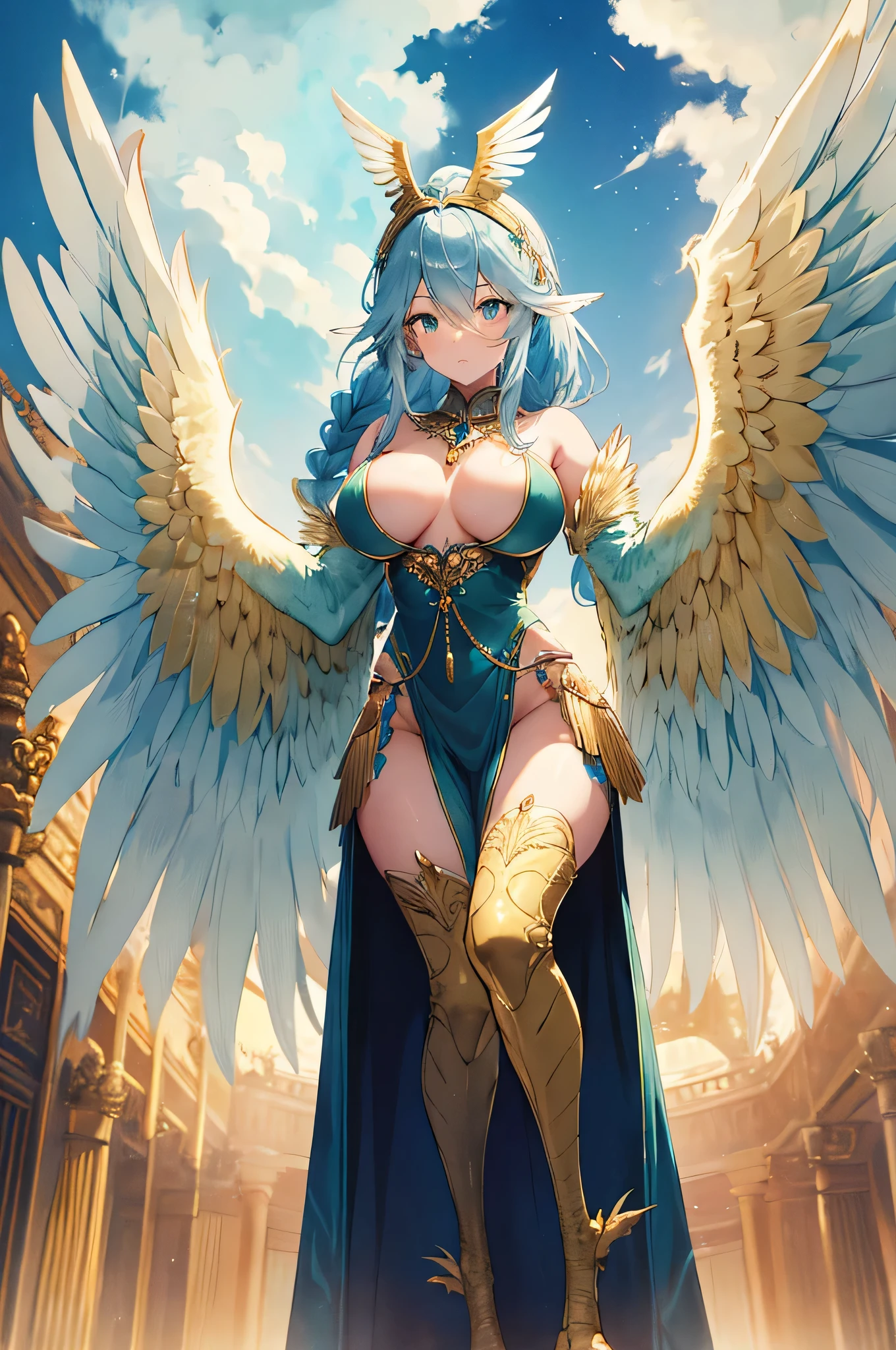 4k,High resolution,One Woman,Harpy,Light blue hair,Long Ponytail,Braid,Green Eyes,Big Breasts,White Wings,Golden toenails,Valkyrie,White Holy Dress,Winged headgear,Jewelry decoration,Gold decoration,Temple in the Sky,Aurora Background
