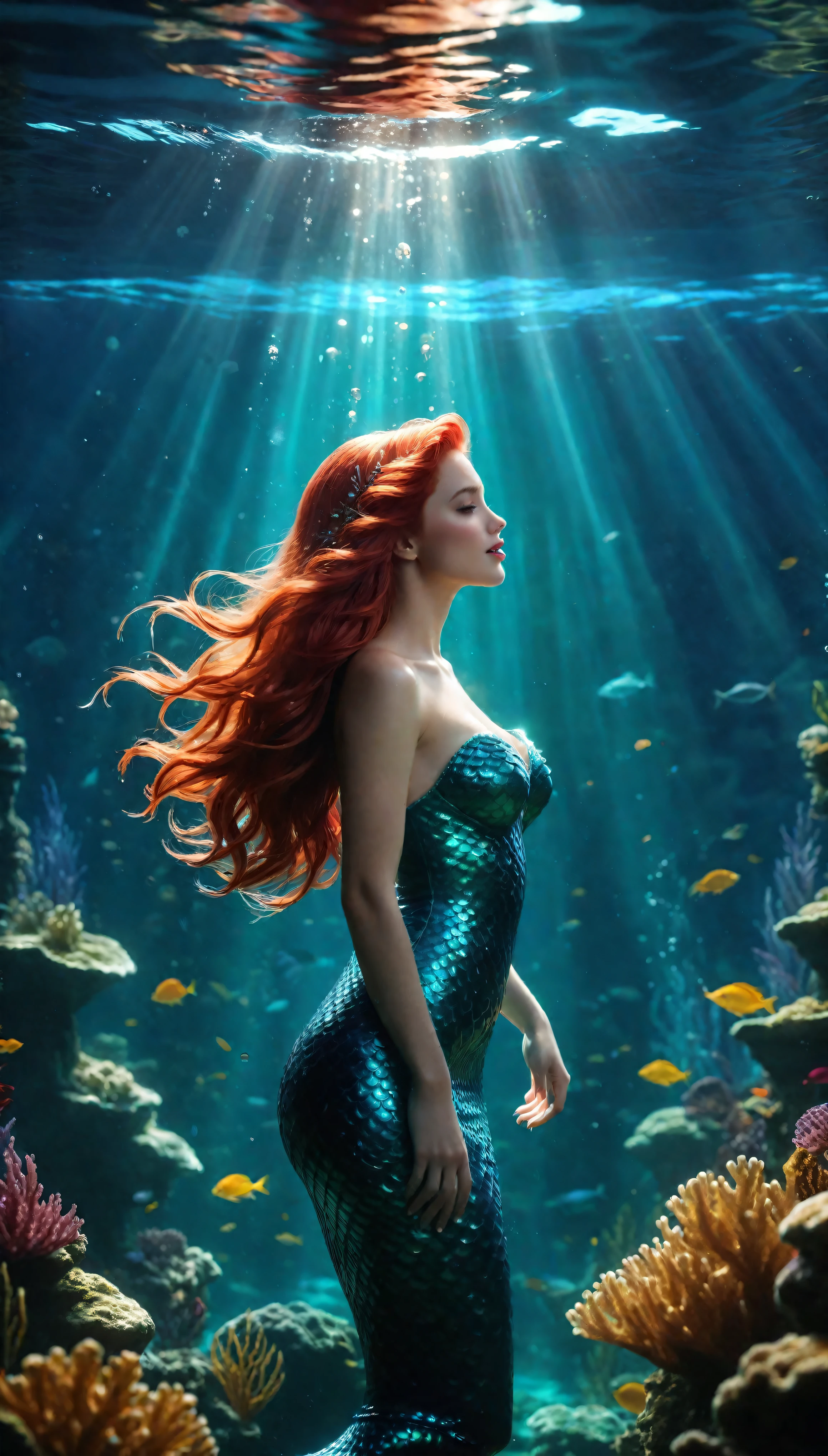 ((Masterpiece in maximum 16K resolution):1.6),((soft_color_photograpy:)1.5), ((Ultra-Detailed):1.4),((Movie-like still images and dynamic angles):1.3). | (Wide shot cinematic photo of Red Hair Mermaid Princess Singing Underwater), (Red Hair Mermaid), (Singing), (Wide cinematic lens), (underwater castle), (underwater light), (tyndall effect), (Mythical atmosphere), (shimmer), (light reflections), (visual experience),(Realism), (Realistic),award-winning graphics, dark shot, film grain, extremely detailed, Digital Art, rtx, Unreal Engine, scene concept anti glare effect, All captured with sharp focus. | Rendered in ultra-high definition with UHD and retina quality, this masterpiece ensures anatomical correctness and textured skin with super detail. With a focus on high quality and accuracy, this award-winning portrayal captures every nuance in stunning 16k resolution, immersing viewers in its lifelike depiction. | ((perfect_composition, perfect_design, perfect_layout, perfect_detail, ultra_detailed)), ((enhance_all, fix_everything)), More Detail, Enhance.