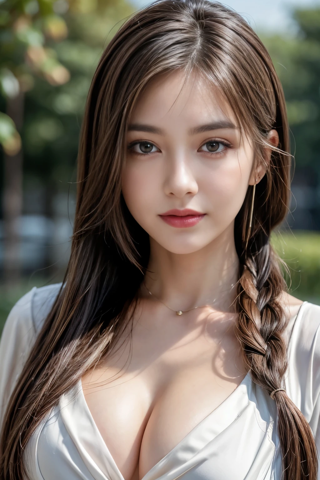 Full Length Image, Masterpiece, Top Quality, Raw Photo, Photorealsitic, Beautiful Girl, Cute, Fine Eyes, Hairstyle Arrangement, Depth of Field, Ultra High Resolution, (Realistic and realistic photo: 1. 37), High Resolution RAW Color Photo, Fine, very detailed, highly detailed eyes and face, sharp pupils realistic pupils, sharp focus, cinematic lighting, coherent hair, blonde hair, clean clothes, close-up of face, masterpiece, realistic skin texture, ultra fine, shiny hair and skin American New York flowers, flower fields background, best quality, realistic, ultra fine, delicate, high resolution, 8K wallpaper, one beautiful woman, one beautiful woman Blonde braided hair, Large cleavage visible, Wearing flattering see-through dress shirt with open collar, Sharp focus, Perfect dynamic composition, Fine and beautiful eyes, Thinning hair, Fine and realistic skin texture, Fine details, Close-up portrait, Model body shape Thinning hair, Fine and realistic skin texture, Smiling, Dynamic angle, Full body shot, Elegant, Model's body type, highest quality, realistic, Super detailed, finely, High resolution, 8k wallpaper, 1 beautiful woman,, light brown messy hair, wearing a business suit, sharp focus, perfect dynamic composition, beautiful and detailed eyes, thin hair, Detailed realistic skin texture, smile, close-up portrait, model body shape,cleavage, Poetic shots, hazy light and shadow, aestheticism, melancholic film, (cloudy),
