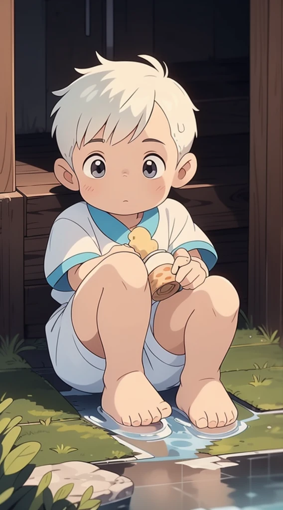 Cute Boy, ((young)), shota, wearing prince clothes, royalty, royal clothes, kid, ((shota)), short hair, ((boy)), (white hair), grey eyes, crouching on stone, ((crouching)), looking at his thigh, head low, wet, water splashed on him, curious, shy, eating an ice cream, ice cream dripping on him