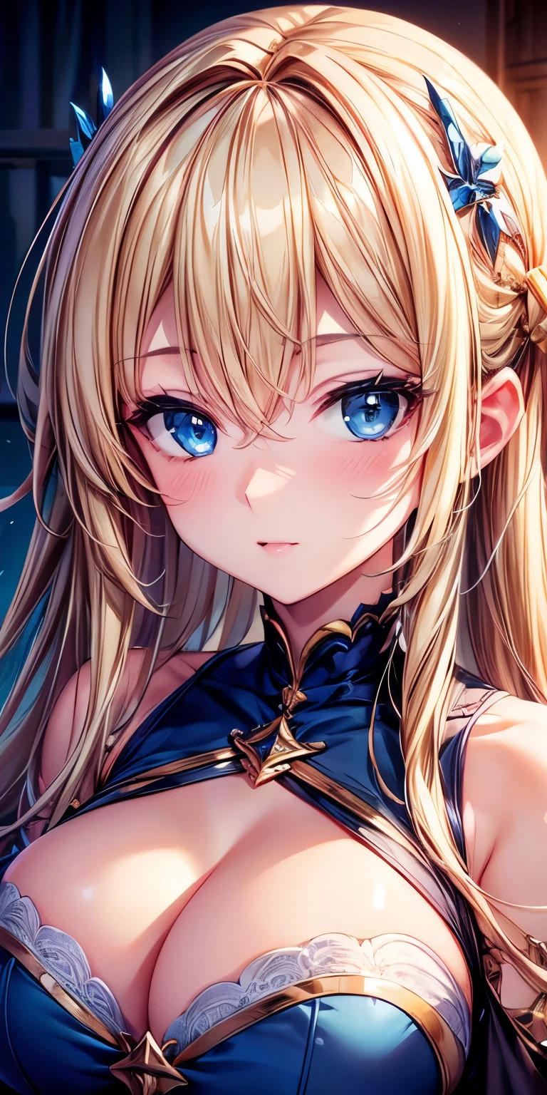 portrait, Practical, blue eyes, Blonde hair, Large Breasts, 4K resolution, High quality CG, Beautiful CG, Soft Light,