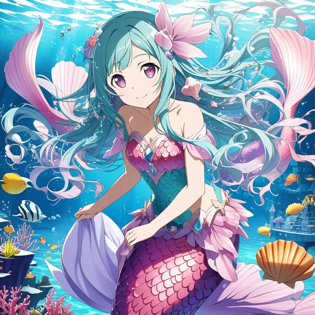 cute girl, flat chest, kawaii,(jellyfish girl:1.2), arms behind back, underwater, frilled dress, masterpiece, best quality, high quality, small bubbles