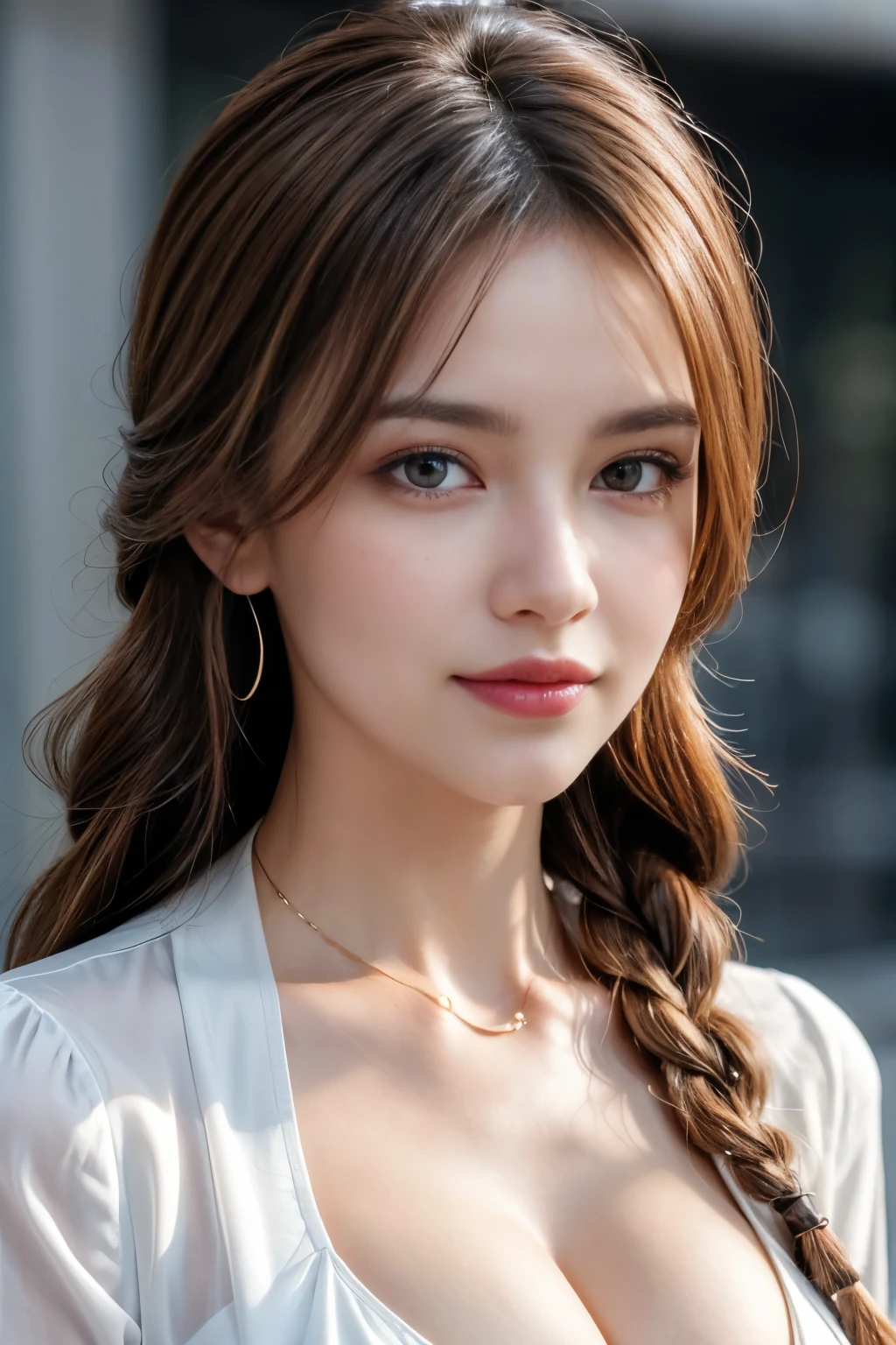 Full Length Image, Masterpiece, Top Quality, Raw Photo, Photorealsitic, Beautiful Girl, Cute, Fine Eyes, Hairstyle Arrangement, Depth of Field, Ultra High Resolution, (Realistic and realistic photo: 1. 37), High Resolution RAW Color Photo, Fine, very detailed, highly detailed eyes and face, sharp pupils realistic pupils, sharp focus, cinematic lighting, coherent hair, blonde hair, clean clothes, close-up of face, masterpiece, realistic skin texture, ultra fine, shiny hair and skin American New York  flowers, flower fields background, best quality, realistic, ultra fine, delicate, high resolution, 8K wallpaper, one beautiful woman, one beautiful woman Blonde braided hair, Large cleavage visible, Wearing flattering see-through dress shirt with open collar, Sharp focus, Perfect dynamic composition, Fine and beautiful eyes, Thinning hair, Fine and realistic skin texture, Fine details, Close-up portrait, Model body shape Thinning hair, Fine and realistic skin texture, Smiling, Dynamic angle, Full body shot, Elegant, Model's body type, highest quality, realistic, Super detailed, finely, High resolution, 8k wallpaper, 1 beautiful woman,, light brown messy hair, wearing a business suit, sharp focus, perfect dynamic composition, beautiful and detailed eyes, thin hair, Detailed realistic skin texture, smile, close-up portrait, model body shape,cleavage, Poetic shots, hazy light and shadow, aestheticism, melancholic film, (cloudy), 