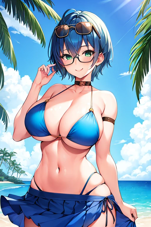 1girl, large breasts, wide hips, breasts, blue hair, very short hair, pixie cut, eyewear on head, blue bikini, bikini, highleg, smile, green eyes, skirt, thigh strap, beach, mature female, tall, tall frmale, milf