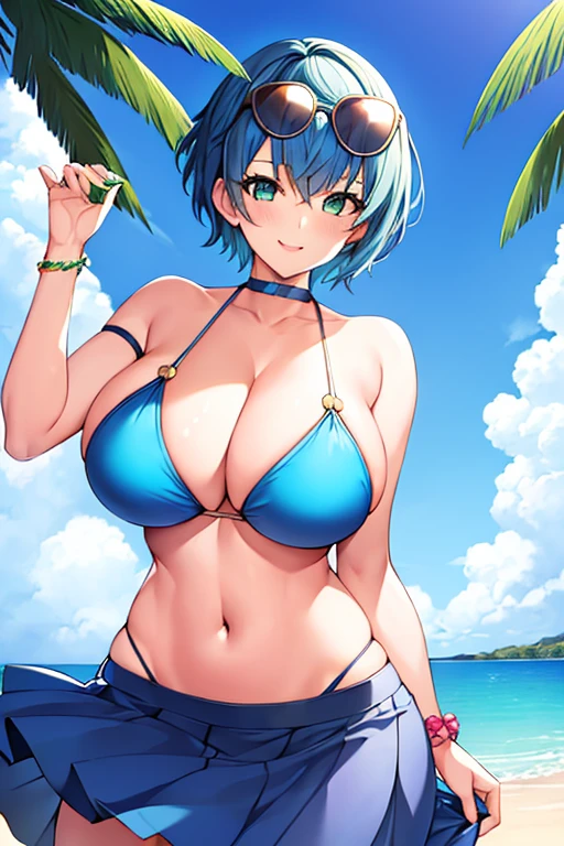 1girl, large breasts, wide hips, breasts, blue hair, very short hair, pixie cut, eyewear on head, blue bikini, bikini, highleg, smile, green eyes, skirt, thigh strap, beach, mature female, tall, tall frmale, milf