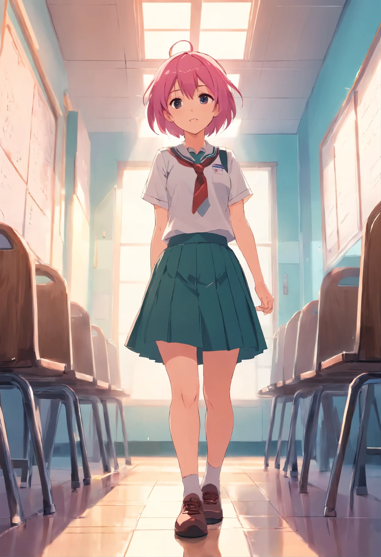 Girl, school, skirt, holding pee,pink hair,