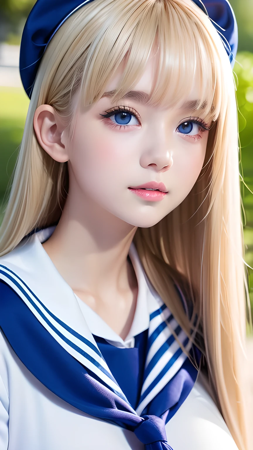 Portrait、(School uniform)、Sailor suit、Bright expression、bangs over eyes、Hair on the face、Younger, brighter, whiter skin、Best Looks、Blonde reflection、Natural platinum blonde hair with dazzling highlights、Shiny bright hair,、Super long, silky straight hair、Shiny beautiful bangs、Sparkling, clear, attractive, big bright blue eyes、A very beautiful, lovely and cute 16 year old girl.、Big and ample breasts、With slits、((The whole body is visible))、Cheek gloss highlighter