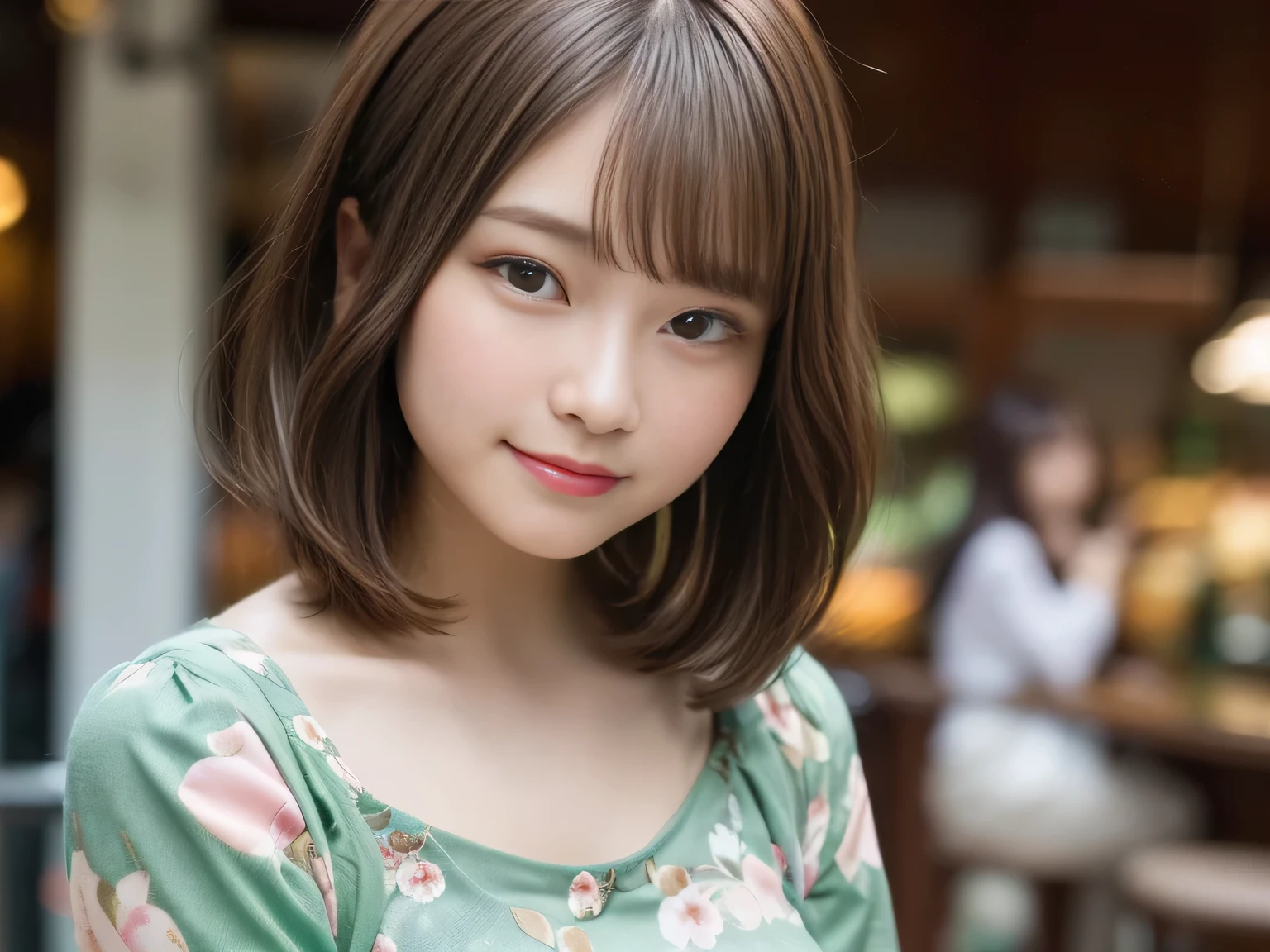 Ultra HD,((8K)),(1 Female:1.2 Beautiful and natural、High quality texture, Intricate details, Fine texture, High Detail, Highly detailed CG, High Quality Shadows, Realistic facial expressions, Beautiful and delicate face down to the last detail, Beautiful and delicate eyes, Brown pupil, A perfectly balanced face, Depth of written boundary, Cinematic Light, Lens flare, Ray Tracing,perspective, (Big eyes:1.2),Blushing cheeks, Perfect body,(Dutch Angle,Excellent ???????,, elegant, ((Bright colors,)) 、Waist、Small Mouth、((Light green clothes))、((bar))、((furubody))、((15 years old))、(very short hair/extra short),(night)、night scene、(Ultra short hair)、((Berry Short))、(Straight bangs)、(Large Breastini dress short sleeve))、(smile)、((Shiny clothes))、((Floral clothes))、、((one person))、((Single))、
