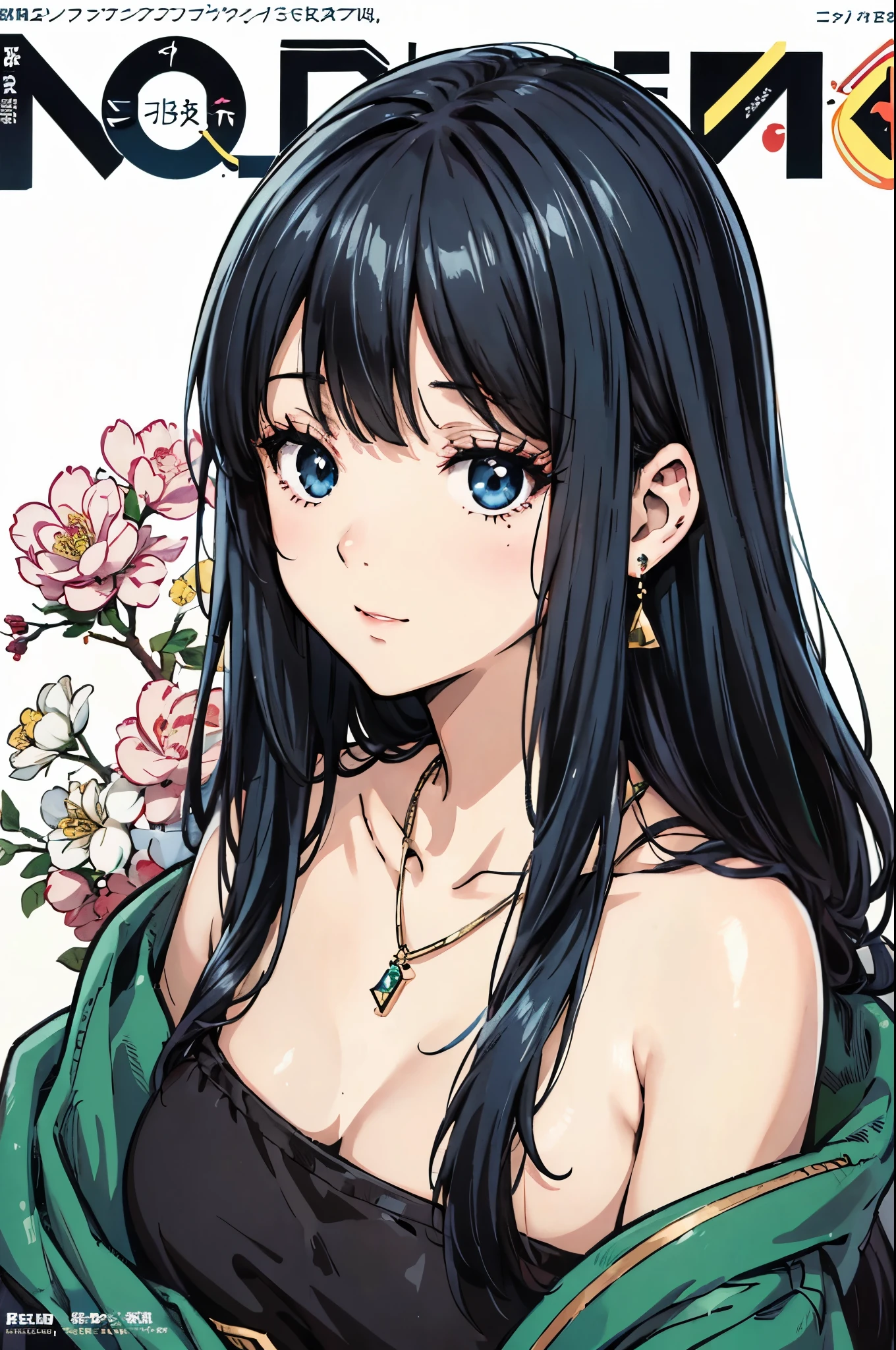 a girl, Inugami Suzune, (Long straight black hair, Bangs facing one direction, green gradient blue eyes), (Inukami Suzune), ((focus on the face)), ((Beautiful facial features)), Extra high detailed description eyes, Beautiful eyes, Beautiful woman, Beautiful arms, Beautiful Hands, (slender), Detailed depiction of faces, Small earrings, necklace, litle smile, Outstanding style, colour ink art, Line art, colour pencil writing, magazine cover, illustration, anime style, (magazine:1.3), (cover-style:1.3), drop shadow, projected inset, 8K, Masterpiece, anatomically correct, award winning, best quality