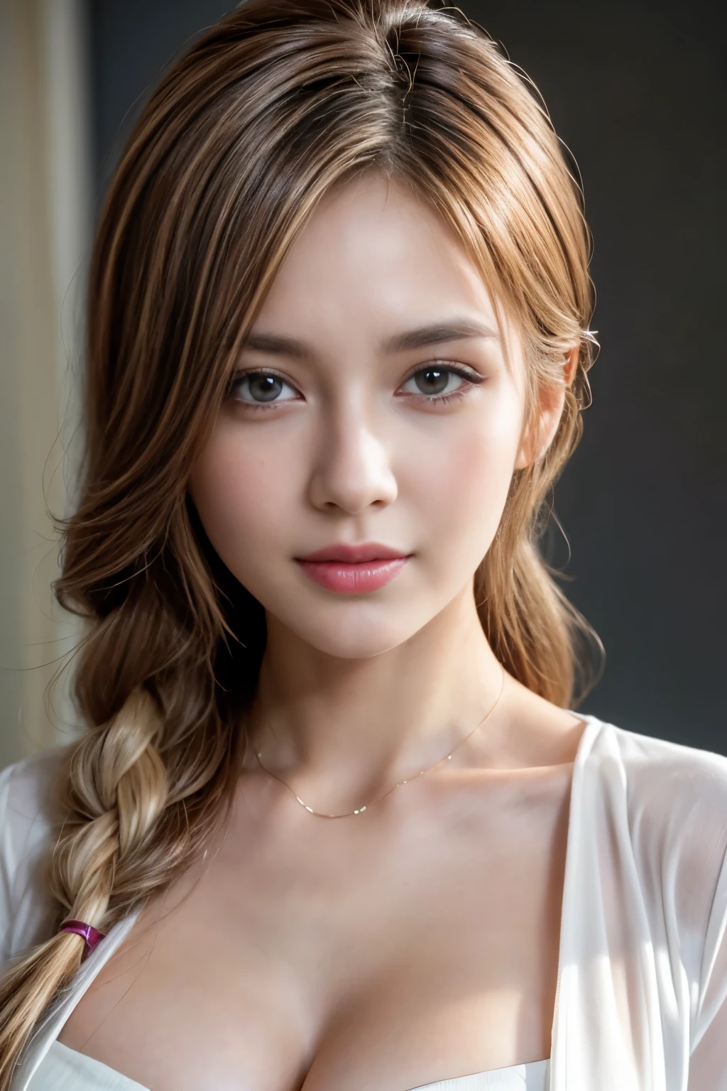 Full Length Image, Masterpiece, Top Quality, Raw Photo, Photorealsitic, Beautiful Girl, Cute, Fine Eyes, Hairstyle Arrangement, Depth of Field, Ultra High Resolution, (Realistic and realistic photo: 1. 37), High Resolution RAW Color Photo, Fine, very detailed, highly detailed eyes and face, sharp pupils realistic pupils, sharp focus, cinematic lighting, coherent hair, blonde hair, clean clothes, close-up of face, masterpiece, realistic skin texture, ultra fine, shiny hair and skin American New York flowers, flower fields background, best quality, realistic, ultra fine, delicate, high resolution, 8K wallpaper, one beautiful woman, one beautiful woman Blonde braided hair, Large cleavage visible, Wearing flattering see-through dress shirt with open collar, Sharp focus, Perfect dynamic composition, Fine and beautiful eyes, Thinning hair, Fine and realistic skin texture, Fine details, Model body shape Thinning hair, Fine and realistic skin texture, Smiling, Dynamic angle, Full body shot, Elegant, Model's body type, highest quality, realistic, Super detailed, finely, High resolution, 8k wallpaper, 1 beautiful woman,, light brown messy hair, wearing a business suit, sharp focus, perfect dynamic composition, beautiful and detailed eyes, thin hair, Detailed realistic skin texture, smile, close-up portrait, model body shape,cleavage, Poetic shots, hazy light and shadow, aestheticism, melancholic film, (cloudy),