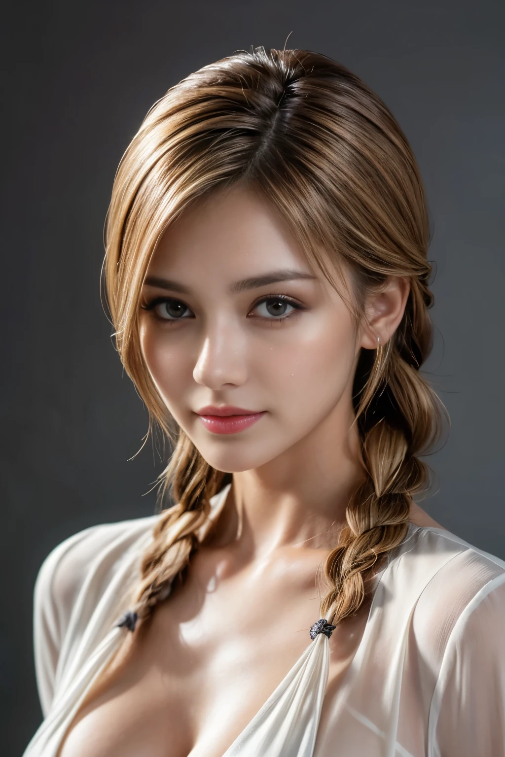 Full Length Image, Masterpiece, Top Quality, Raw Photo, Photorealsitic, Beautiful Girl, Cute, Fine Eyes, Hairstyle Arrangement, Depth of Field, Ultra High Resolution, (Realistic and realistic photo: 1. 37), High Resolution RAW Color Photo, Fine, very detailed, highly detailed eyes and face, sharp pupils realistic pupils, sharp focus, cinematic lighting, coherent hair, blonde hair, clean clothes, close-up of face, masterpiece, realistic skin texture, ultra fine, shiny hair and skin American New York flowers, flower fields background, best quality, realistic, ultra fine, delicate, high resolution, 8K wallpaper, one beautiful woman, one beautiful woman Blonde braided hair, Large cleavage visible, Wearing flattering see-through dress shirt with open collar, Sharp focus, Perfect dynamic composition, Fine and beautiful eyes, Thinning hair, Fine and realistic skin texture, Fine details, Model body shape Thinning hair, Fine and realistic skin texture, Smiling, Dynamic angle, Full body shot, Elegant, Model's body type, highest quality, realistic, Super detailed, finely, High resolution, 8k wallpaper, 1 beautiful woman,, light brown messy hair, wearing a business suit, sharp focus, perfect dynamic composition, beautiful and detailed eyes, thin hair, Detailed realistic skin texture, smile, close-up portrait, model body shape,cleavage, Poetic shots, hazy light and shadow, aestheticism, melancholic film, (cloudy),