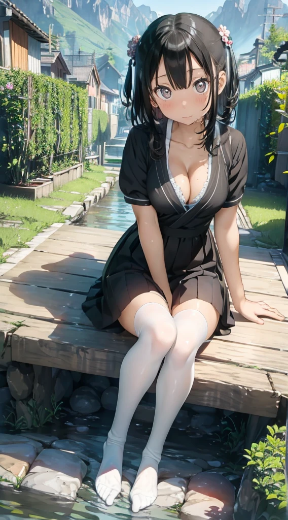 hanfu, 1girl, medium breasts, cleavage, mountain, soaking feet, sitting, Chinese park background,white thighhighs,Clear water,(feet:1.3), too many flowers,  