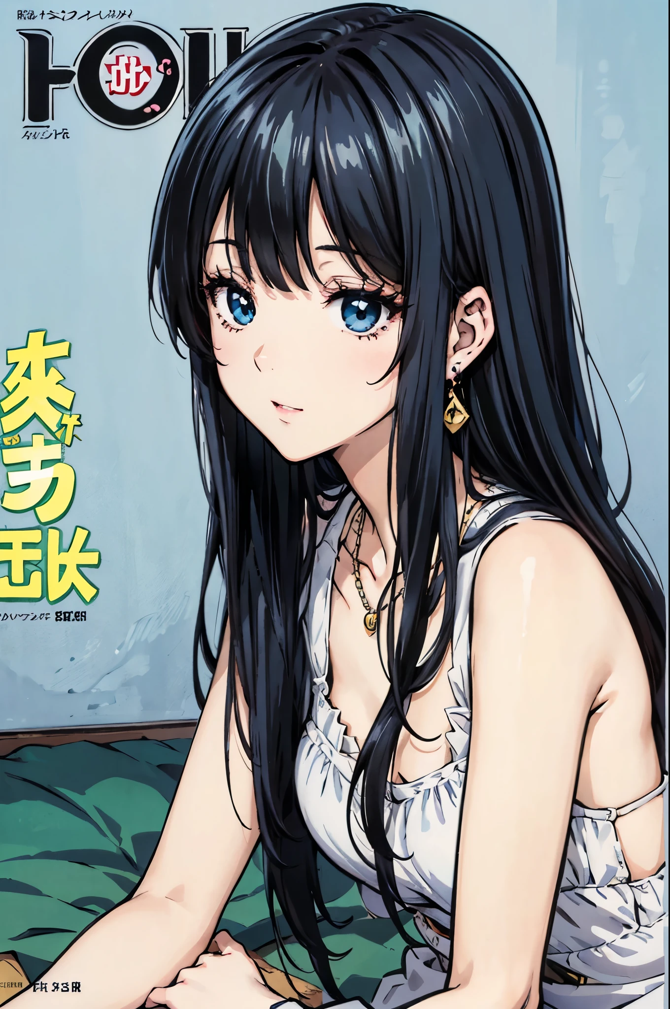 a girl, Inugami Suzune, (Long straight black hair, Bangs facing one direction, green gradient blue eyes), (Inukami Suzune), ((focus on the face)), ((Beautiful facial features)), Extra high detailed description eyes, Beautiful eyes, Beautiful woman, Beautiful arms, Beautiful Hands, (slender), Detailed depiction of faces, Small earrings, necklace, litle smile, Outstanding style, colour ink art, Line art, colour pencil writing, magazine cover, illustration, anime style, (magazine:1.3), (cover-style:1.3), drop shadow, projected inset, 8K, Masterpiece, anatomically correct, award winning, best quality