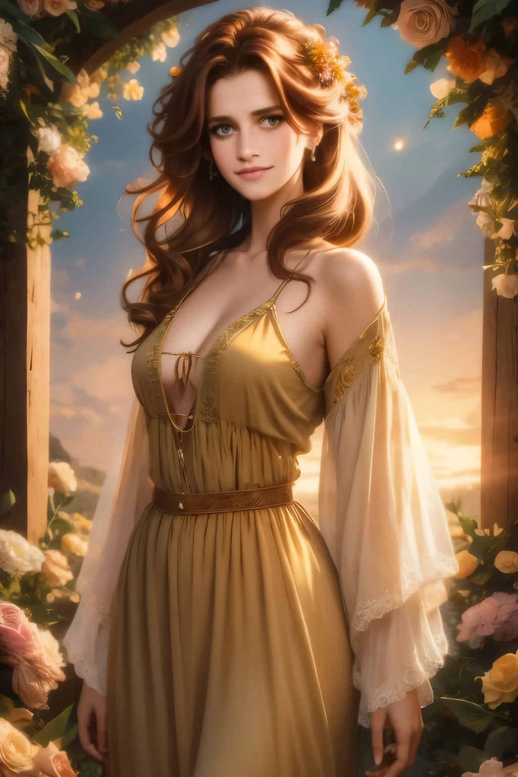 Luma is a elegant person, she is beautiful And have a strong posture, she has breasts that have a voluminous proportion, a pear feminine silhouette, Auburn hair, long Auburn hair, She has expressive eyes, ( Only eyes olive green) Her skin is fair and she has some light freckles on her cheek bones, busty, Farm, Brown rustic clothes, boho clothes, farm boho fashion clothes, romantic vibes, fire lights, fire sparkles, flowers clothes the hair to be half straight and half with curled ends cartoon