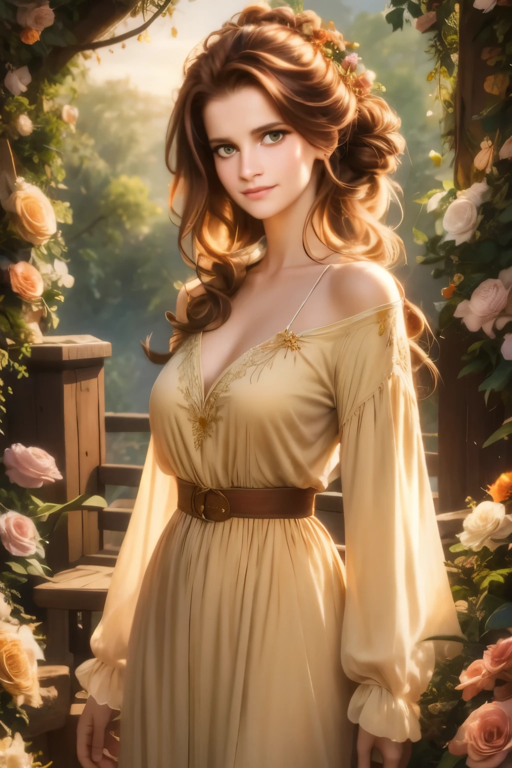 Luma is a elegant person, she is beautiful And have a strong posture, she has breasts that have a voluminous proportion, a pear feminine silhouette, Auburn hair, long Auburn hair, She has expressive eyes, ( Only eyes olive green) Her skin is fair and she has some light freckles on her cheek bones, busty, Farm, Brown rustic clothes, boho clothes, farm boho fashion clothes, romantic vibes, fire lights, fire sparkles, flowers clothes the hair to be half straight and half with curled ends cartoon