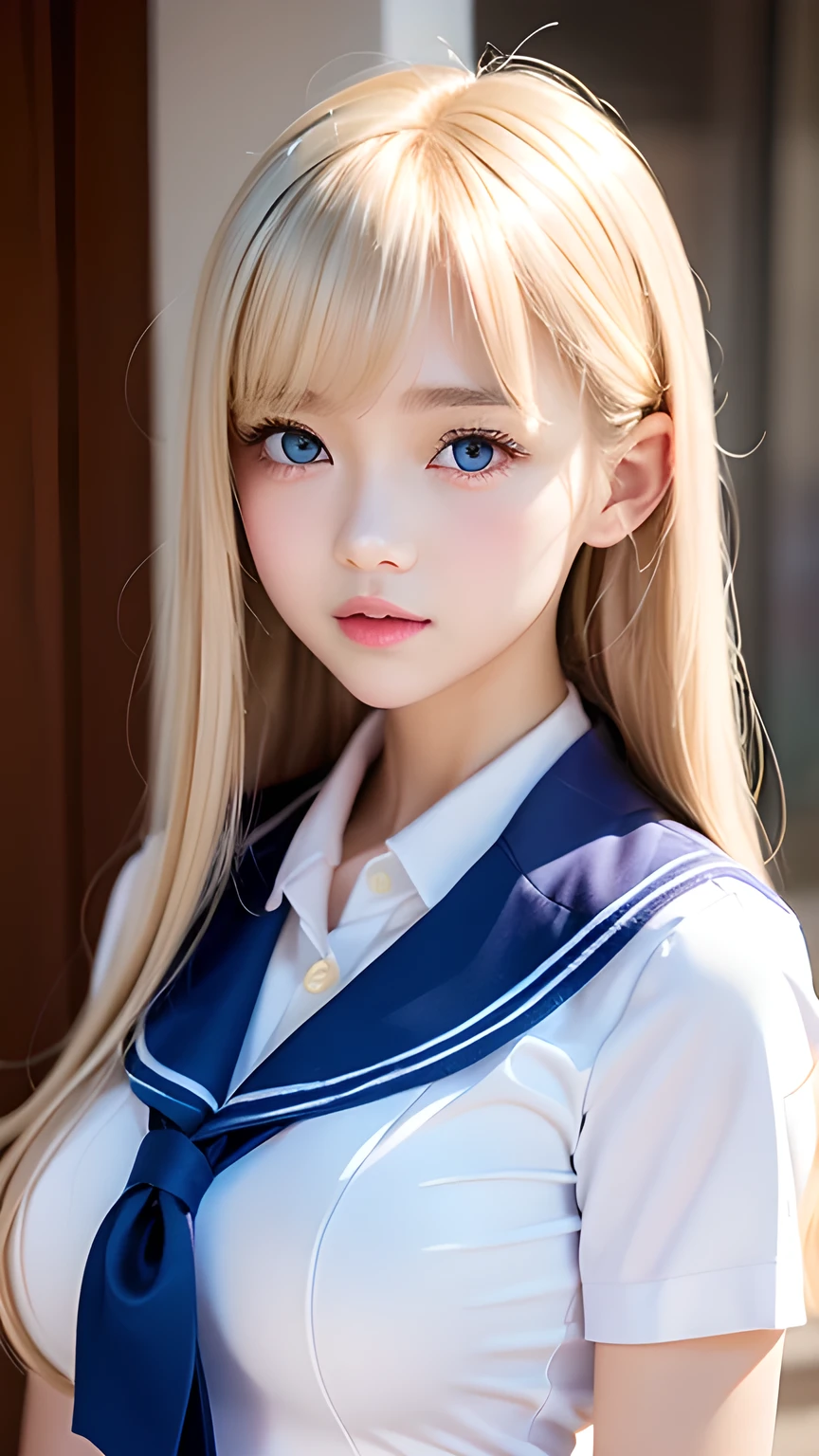 Portrait、(School uniform)、Sailor suit、Bright expression、bangs over eyes、Hair on the face、Younger, brighter, whiter skin、Best Looks、Blonde reflection、Natural platinum blonde hair with dazzling highlights、Shiny bright hair,、Super long, silky straight hair、Shiny beautiful bangs、Sparkling, clear, attractive, big bright blue eyes、A very beautiful, lovely and cute 16 year old girl.、Big and ample breasts、With slits、((The whole body is visible))、Cheek gloss highlighter