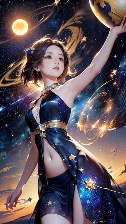 (((masterpiece))),((highest quality)),Beautiful girl,pale, (Characters who personify the universe: 1.5), (((Hair is a star:1.5)))、(Planet Dress:1.5)))、(belly button)、(sun:1.5),(Private Server), (Exposing Skin),(Background is night sky 1.5).(((from the front:1.5)))、(Straight ahead: 1.5)、(((courtesyー:1.5)))、