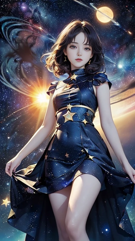 (((masterpiece))),((highest quality)),Beautiful girl,pale, (Characters who personify the universe: 1.5), (((Hair is a star:1.5)))、(Planet Dress:1.5)))、(belly button)、(sun:1.5),(Private Server), (Exposing Skin),(Background is night sky 1.5).(((from the front:1.5)))、(Straight ahead: 1.5)、(((courtesyｰ:1.5)))、