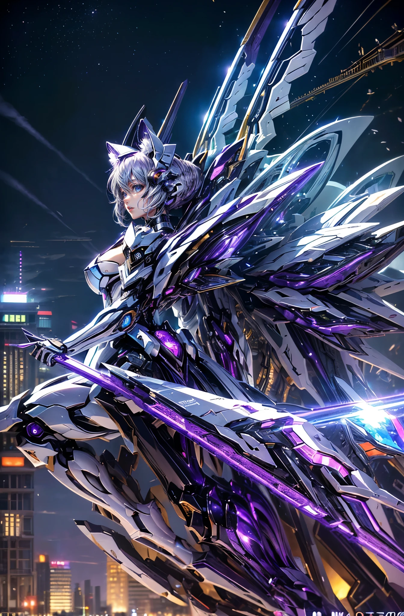 super high quality、8K quality、High resolution、Image quality captured with a single-lens reflex camera、(SFW)、Perfect Anatomy、(Purple Knight with White Cat theme:1.4)Beautiful Mecha Girl、(Beautiful Purple Hair:1.3) 20 year old girl.Orange eyes、(smile:1.2)(Good shape、Normal chest、Cleavage)、3D, Realistic パープルmachine parts、(Shoulders are exposed:1.2)(Real Mechanical Unit、The mechanism is concentrated on the back)、break(Angel Purple Wings)(Wear a パープル knight dress、Cat ear:1.4)(Mechanical parts below the elbows and knees:1.3)(Flying white cat:1.5)break(Perfect Anatomy:1.4)break(Profile、look back、avert your eyes:1.4)(Aurora)(Major cities in Saitama Prefecture:1.5)(Dynamic Lens、Dynamic Angle)