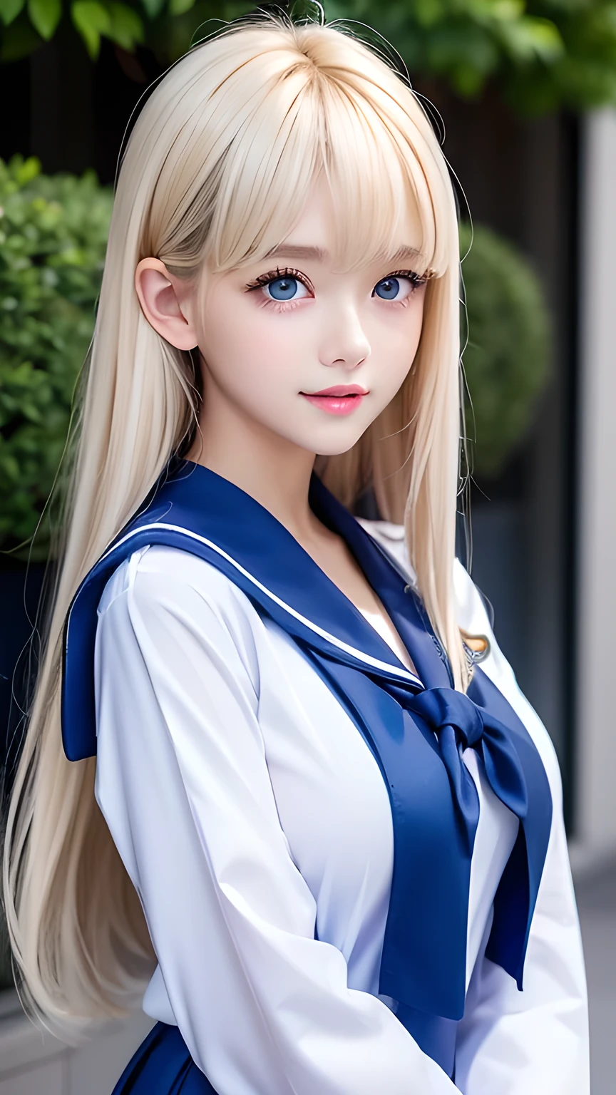 Portrait、(School uniform)、Sailor suit、Bright expression、bangs over eyes、Hair on the face、Younger, brighter, whiter skin、Best Looks、Blonde reflection、Natural platinum blonde hair with dazzling highlights、Shiny bright hair,、Super long, silky straight hair、Shiny beautiful bangs、Sparkling, clear, attractive, big bright blue eyes、A very beautiful, lovely and cute 16 year old girl.、Big and ample breasts、With slits、((The whole body is visible))、Cheek gloss highlighter
