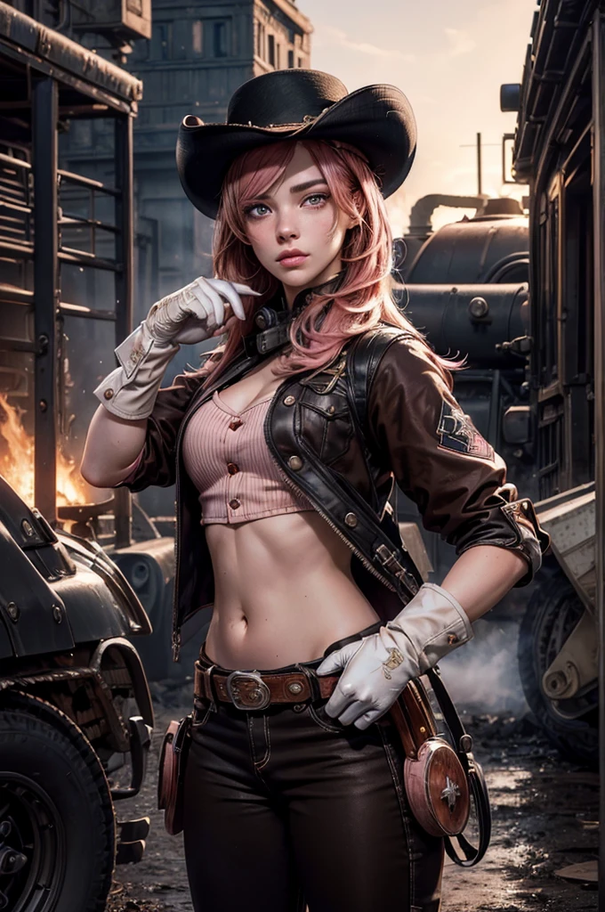 (masterpiece,stunning girlfriend, (standing:1.1), dynamic pose, heart shaped face, elegant face, beautiful face, highly detailed face, highly detailed skin, skin pores, subsurface scattering, realistic pupils, looking at viewer, full lips, detailed background, depth of field, atmospheric perspective, volumetric lighting, sharp focus, absurdres, realistic proportions, good anatomy, (realistic, hyperrealistic:1.4), 16k hdr, neopolitan, neopolitan, long hair, brown hair, (brown eyes:1.3), brown eyes, pink eyes, (heterochromia:1.2), ((two-tone hair, split-color hair, pink hair, brown hair, multicolored hair)), BREAK gloves, hat, navel, detached sleeves, midriff, belt, pants, white gloves, black headwear, bowler hat, fighting pose, BREAK standing outside old steam train, post-apocalypse, dystopian future, crowd, (crowd in military uniforms), bonfires, BREAK looking at viewer, (cowboy shot:1.5), BREAK (masterpiece:1.2), best quality, high resolution, unity 8k wallpaper, (illustration:0.8), (beautiful detailed eyes:1.6), extremely detailed face, perfect lighting, extremely detailed CG, (perfect hands, perfect anatomy)