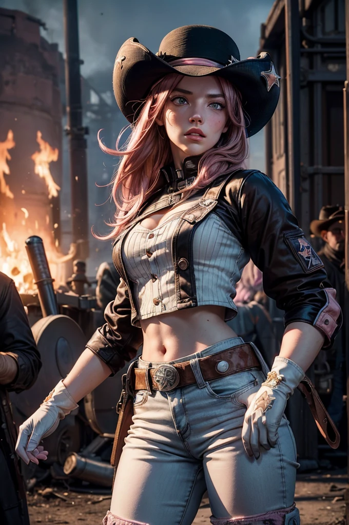 (masterpiece,stunning girlfriend, (standing:1.1), dynamic pose, heart shaped face, elegant face, beautiful face, highly detailed face, highly detailed skin, skin pores, subsurface scattering, realistic pupils, looking at viewer, full lips, detailed background, depth of field, atmospheric perspective, volumetric lighting, sharp focus, absurdres, realistic proportions, good anatomy, (realistic, hyperrealistic:1.4), 16k hdr, neopolitan, neopolitan, long hair, brown hair, (brown eyes:1.3), brown eyes, pink eyes, (heterochromia:1.2), ((two-tone hair, split-color hair, pink hair, brown hair, multicolored hair)), BREAK gloves, hat, navel, detached sleeves, midriff, belt, pants, white gloves, black headwear, bowler hat, fighting pose, BREAK standing outside old steam train, post-apocalypse, dystopian future, crowd, (crowd in military uniforms), bonfires, BREAK looking at viewer, (cowboy shot:1.5), BREAK (masterpiece:1.2), best quality, high resolution, unity 8k wallpaper, (illustration:0.8), (beautiful detailed eyes:1.6), extremely detailed face, perfect lighting, extremely detailed CG, (perfect hands, perfect anatomy)