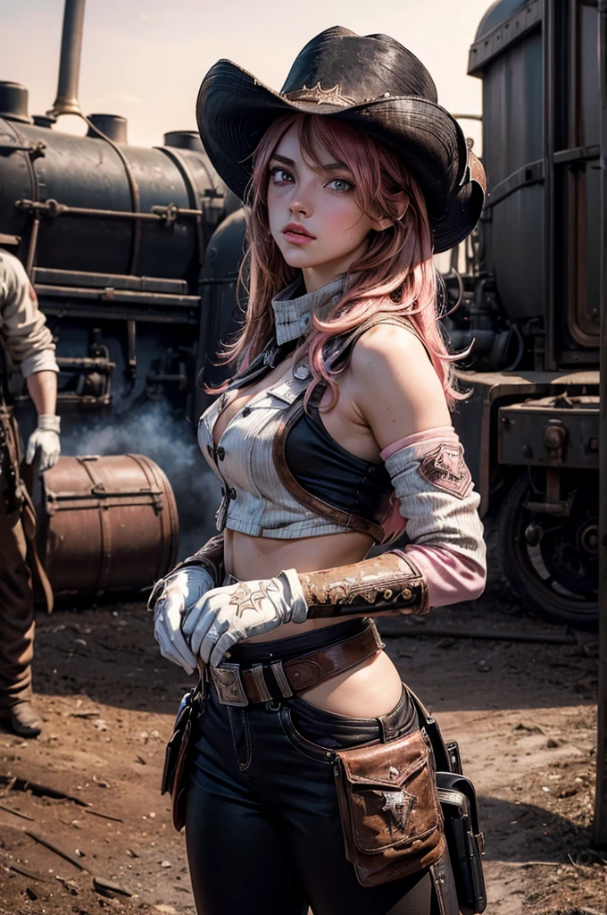 (masterpiece,stunning girlfriend, (standing:1.1), dynamic pose, heart shaped face, elegant face, beautiful face, highly detailed face, highly detailed skin, skin pores, subsurface scattering, realistic pupils, looking at viewer, full lips, detailed background, depth of field, atmospheric perspective, volumetric lighting, sharp focus, absurdres, realistic proportions, good anatomy, (realistic, hyperrealistic:1.4), 16k hdr, neopolitan, neopolitan, long hair, brown hair, (brown eyes:1.3), brown eyes, pink eyes, (heterochromia:1.2), ((two-tone hair, split-color hair, pink hair, brown hair, multicolored hair)), BREAK gloves, hat, navel, detached sleeves, midriff, belt, pants, white gloves, black headwear, bowler hat, fighting pose, BREAK standing outside old steam train, post-apocalypse, dystopian future, crowd, (crowd in military uniforms), bonfires, BREAK looking at viewer, (cowboy shot:1.5), BREAK (masterpiece:1.2), best quality, high resolution, unity 8k wallpaper, (illustration:0.8), (beautiful detailed eyes:1.6), extremely detailed face, perfect lighting, extremely detailed CG, (perfect hands, perfect anatomy)
