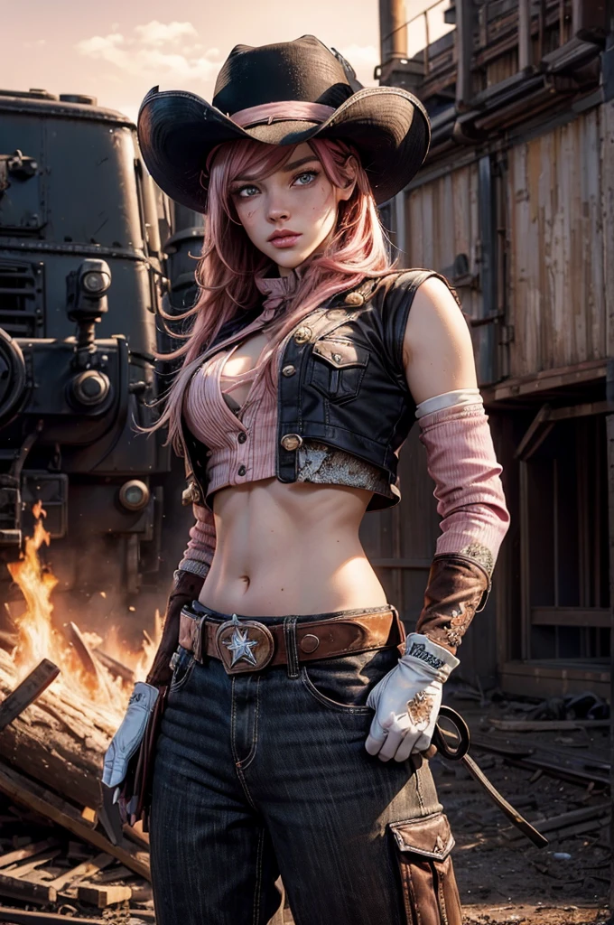 (masterpiece,stunning girlfriend, (standing:1.1), dynamic pose, heart shaped face, elegant face, beautiful face, highly detailed face, highly detailed skin, skin pores, subsurface scattering, realistic pupils, looking at viewer, full lips, detailed background, depth of field, atmospheric perspective, volumetric lighting, sharp focus, absurdres, realistic proportions, good anatomy, (realistic, hyperrealistic:1.4), 16k hdr, neopolitan, neopolitan, long hair, brown hair, (brown eyes:1.3), brown eyes, pink eyes, (heterochromia:1.2), ((two-tone hair, split-color hair, pink hair, brown hair, multicolored hair)), BREAK gloves, hat, navel, detached sleeves, midriff, belt, pants, white gloves, black headwear, bowler hat, fighting pose, BREAK standing outside old steam train, post-apocalypse, dystopian future, crowd, (crowd in military uniforms), bonfires, BREAK looking at viewer, (cowboy shot:1.5), BREAK (masterpiece:1.2), best quality, high resolution, unity 8k wallpaper, (illustration:0.8), (beautiful detailed eyes:1.6), extremely detailed face, perfect lighting, extremely detailed CG, (perfect hands, perfect anatomy)